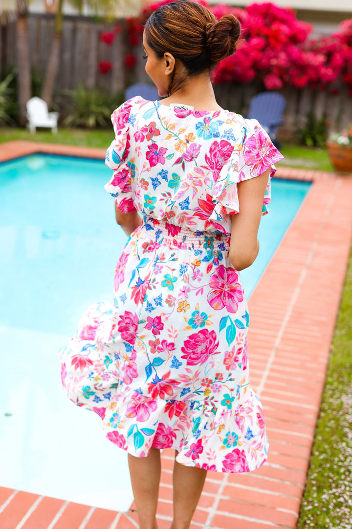 Hello Beautiful Ivory &amp; Fuchsia Floral Sequin Smock Waist Midi Dress | Nikki &amp; Co. Boutique