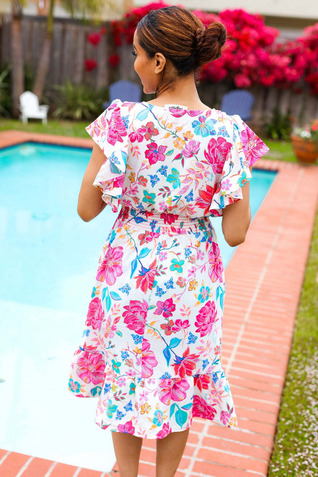 Hello Beautiful Ivory &amp; Fuchsia Floral Sequin Smock Waist Midi Dress | Nikki &amp; Co. Boutique