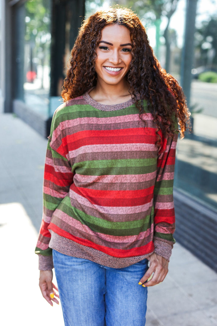 Perfectly You Olive &amp; Mauve Stripe Two-Tone Banded Sweater Top | Nikki &amp; Co. Boutique