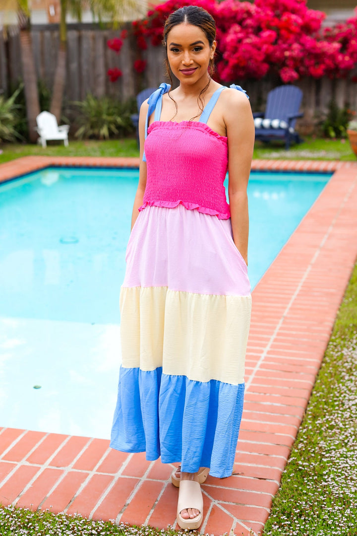 Vacay Vibes Hot Pink &amp; Blue Smocked Color Block Maxi Dress | Nikki &amp; Co. Boutique