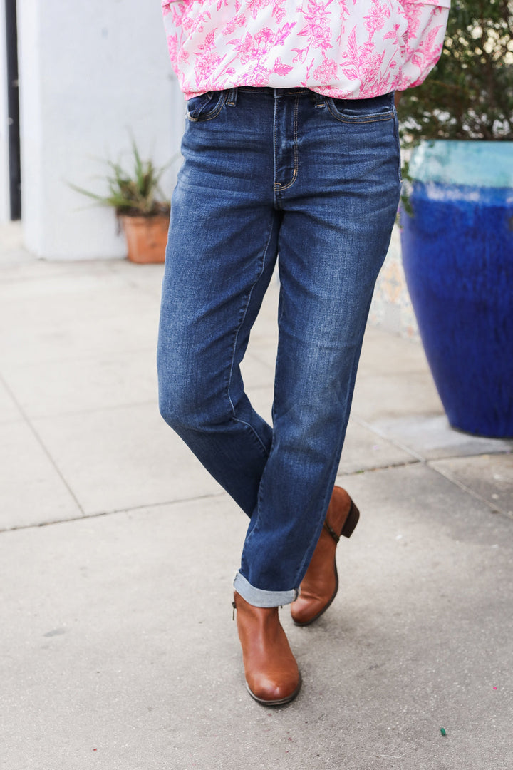 Judy Blue Mid Rise Cuffed Boyfriend Straight Leg Jeans | Nikki &amp; Co. Boutique