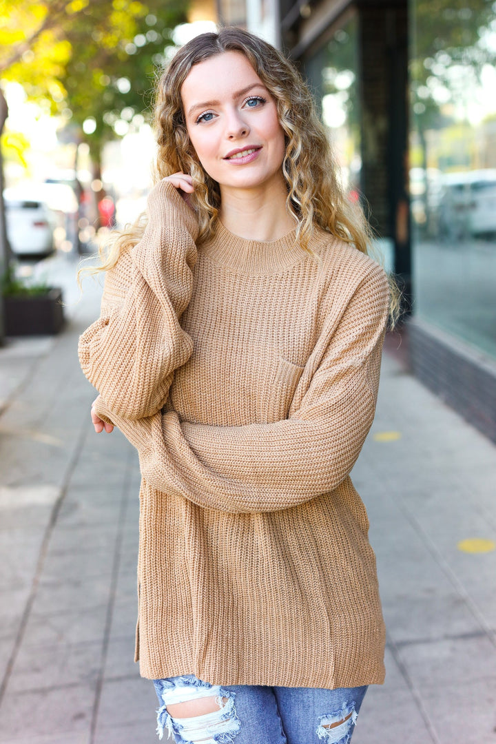 Classy Chic Taupe Mock Neck Chest Pocket Knit Sweater | Nikki &amp; Co. Boutique