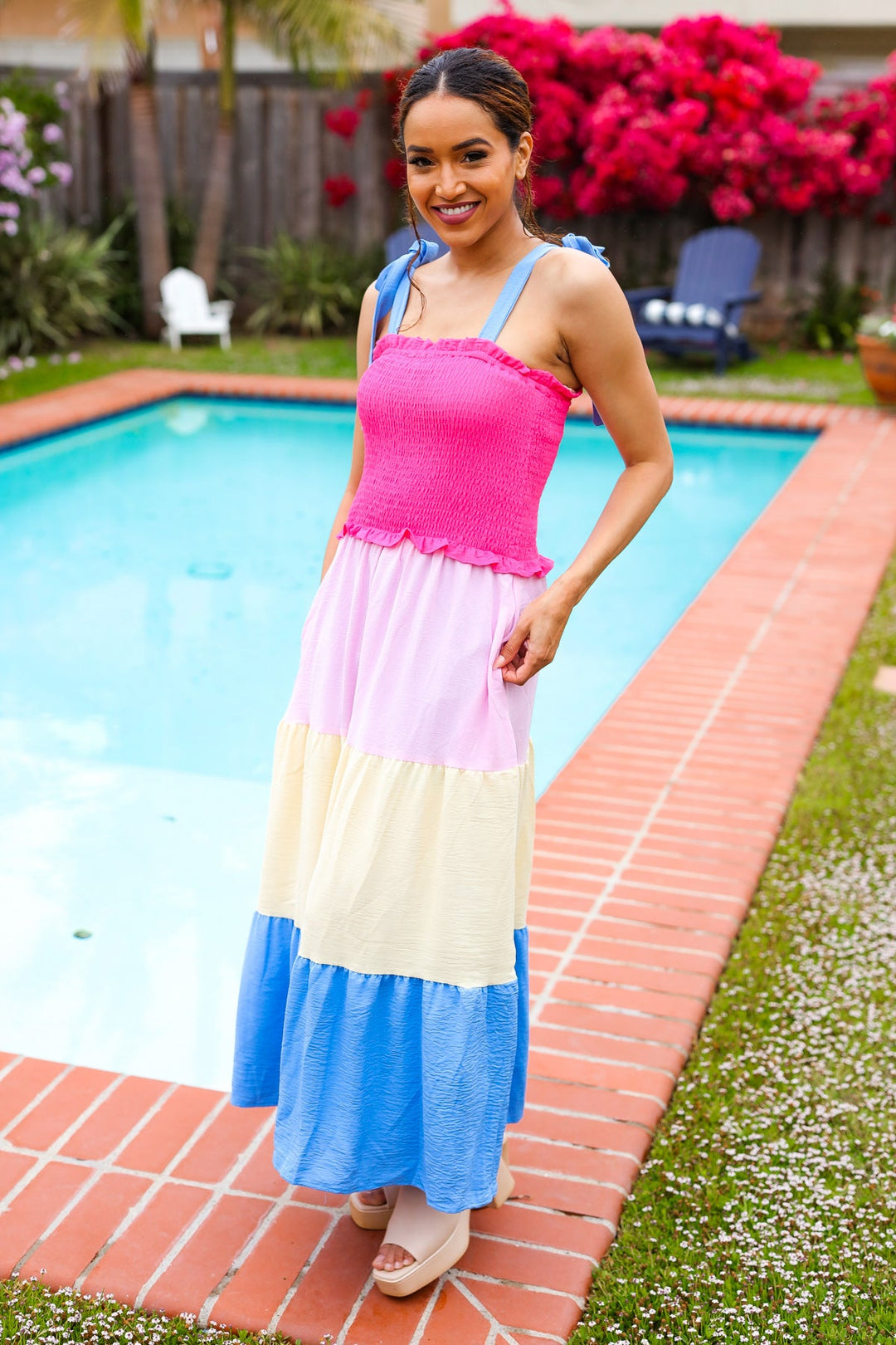 Vacay Vibes Hot Pink &amp; Blue Smocked Color Block Maxi Dress | Nikki &amp; Co. Boutique