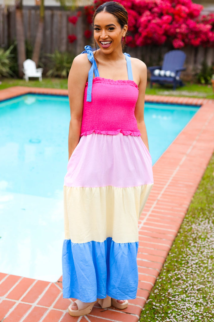 Vacay Vibes Hot Pink &amp; Blue Smocked Color Block Maxi Dress | Nikki &amp; Co. Boutique