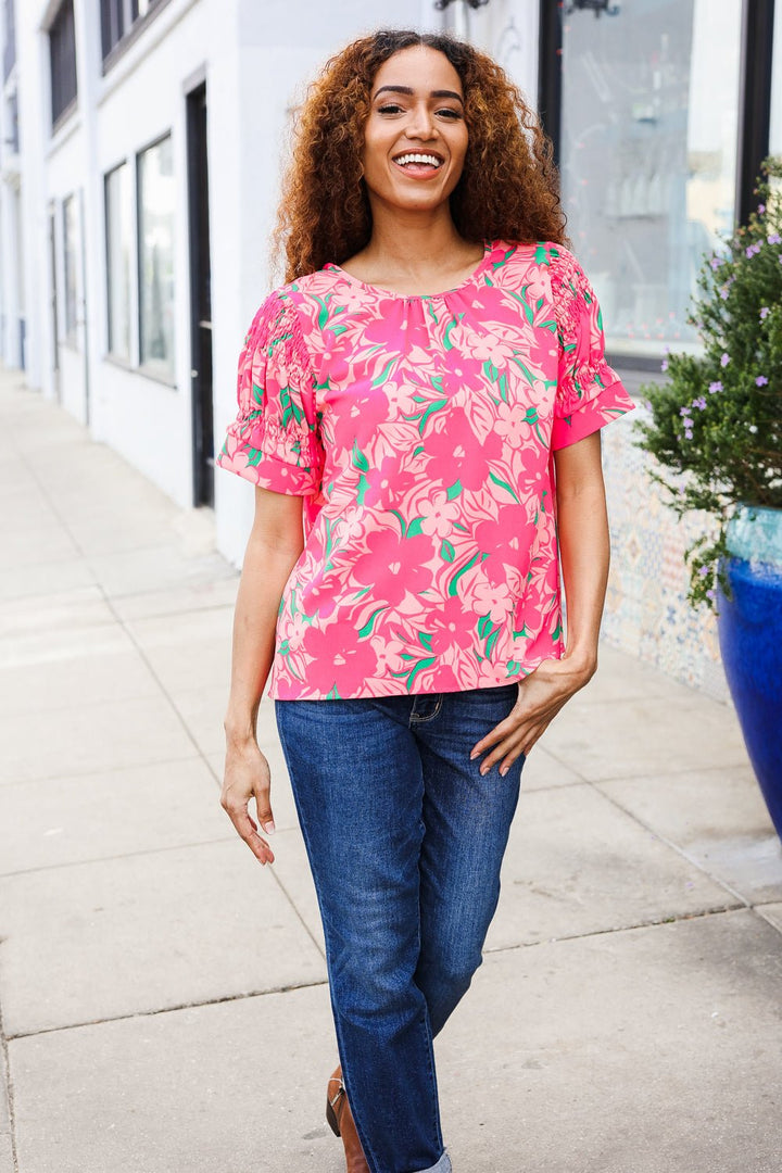 Vacay Vibes Floral Back Keyhole Shorts Smocked Banded Sleeve Tops - Nikki &amp; Co. Boutique