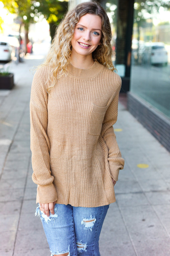 Classy Chic Taupe Mock Neck Chest Pocket Knit Sweater | Nikki &amp; Co. Boutique