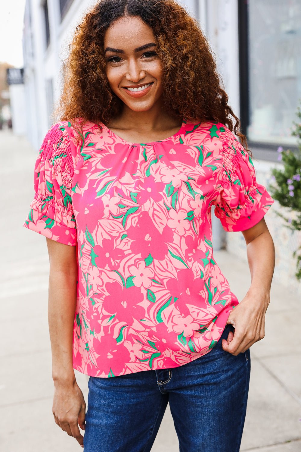 Vacay Vibes Floral Back Keyhole Shorts Smocked Banded Sleeve Tops - Nikki &amp; Co. Boutique