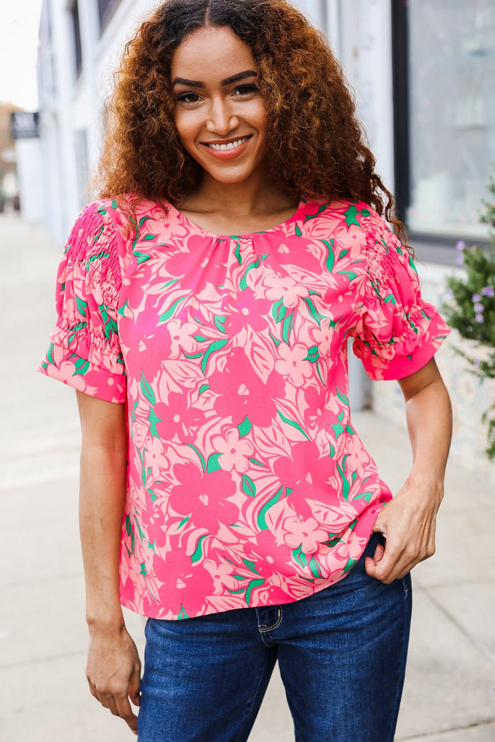 Vacay Vibes Floral Back Keyhole Shorts Smocked Banded Sleeve Tops - Nikki &amp; Co. Boutique