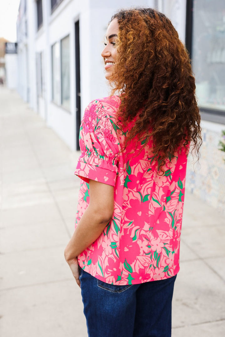 Vacay Vibes Floral Back Keyhole Shorts Smocked Banded Sleeve Tops - Nikki &amp; Co. Boutique