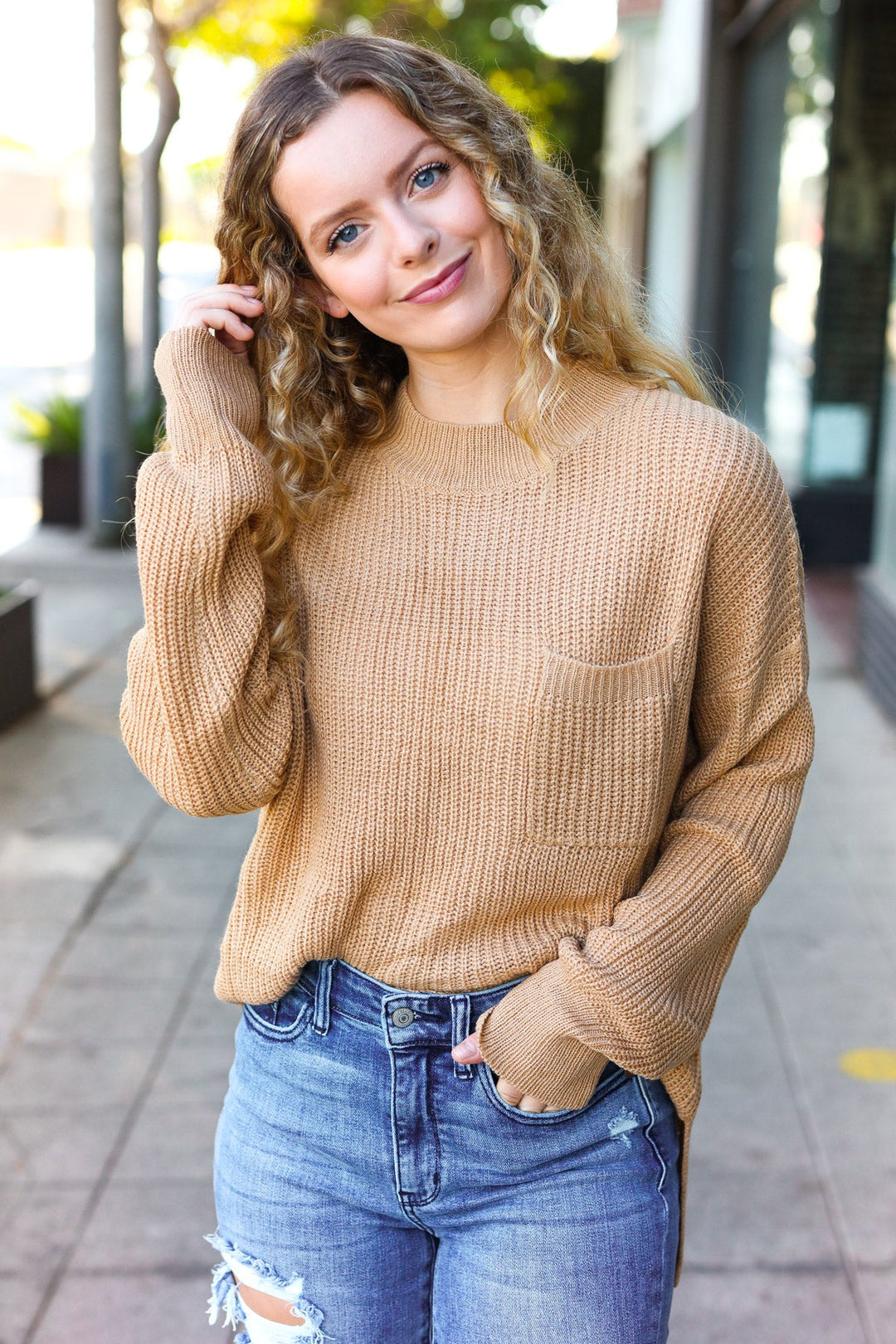 Classy Chic Taupe Mock Neck Chest Pocket Knit Sweater | Nikki &amp; Co. Boutique