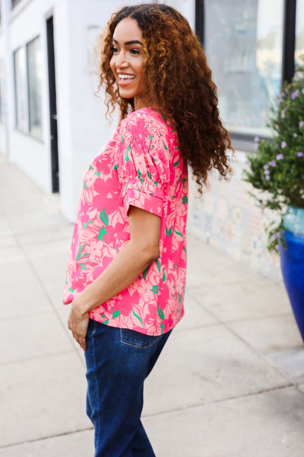 Vacay Vibes Floral Back Keyhole Shorts Smocked Banded Sleeve Tops - Nikki &amp; Co. Boutique