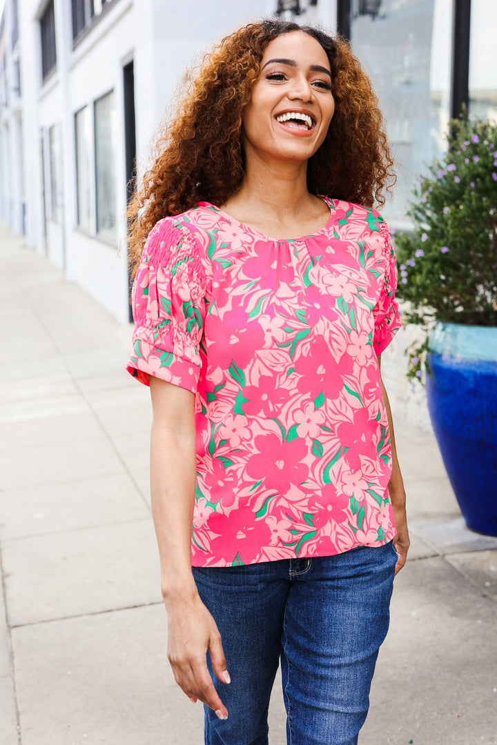 Vacay Vibes Floral Back Keyhole Shorts Smocked Banded Sleeve Tops - Nikki &amp; Co. Boutique