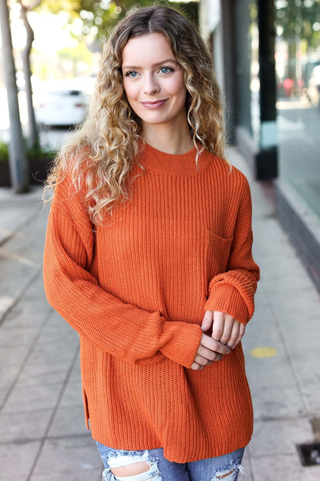 Pumpkin Spice Mock Neck Chest Pocket Knit Sweater - Nikki &amp; Co. Boutique