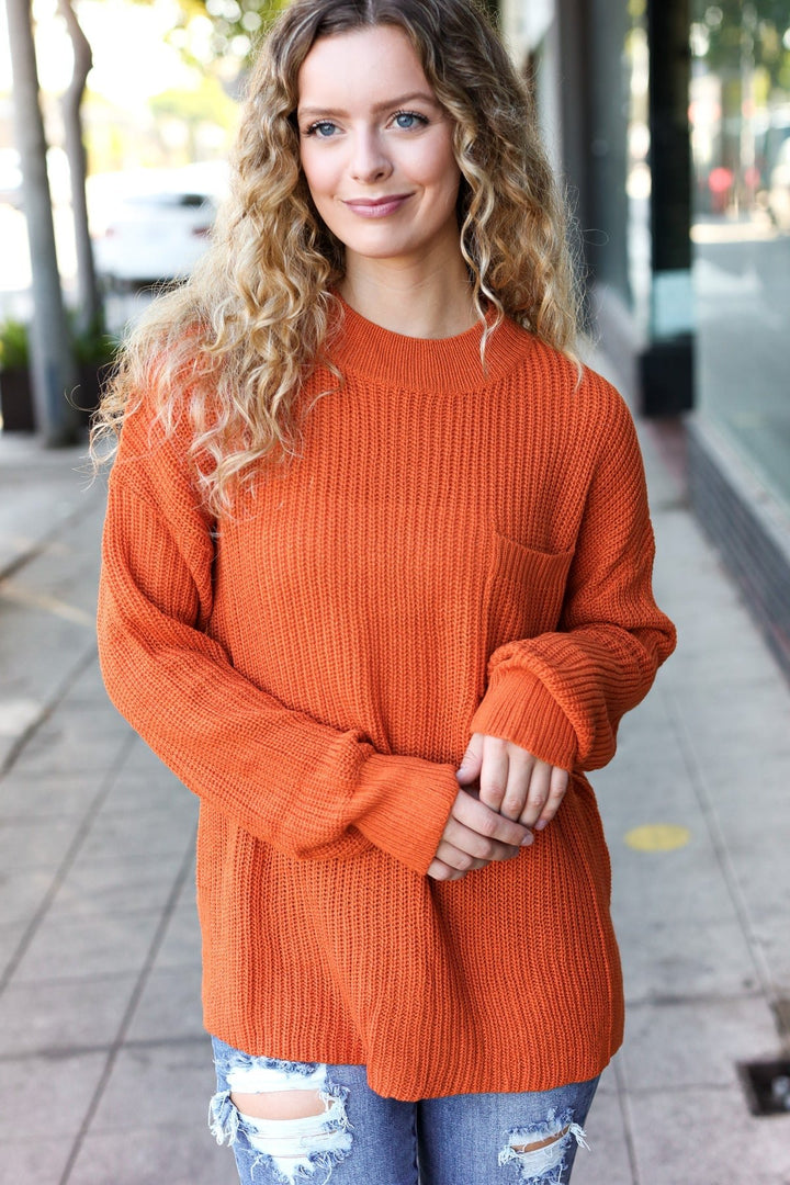 Pumpkin Spice Mock Neck Chest Pocket Knit Sweater - Nikki &amp; Co. Boutique