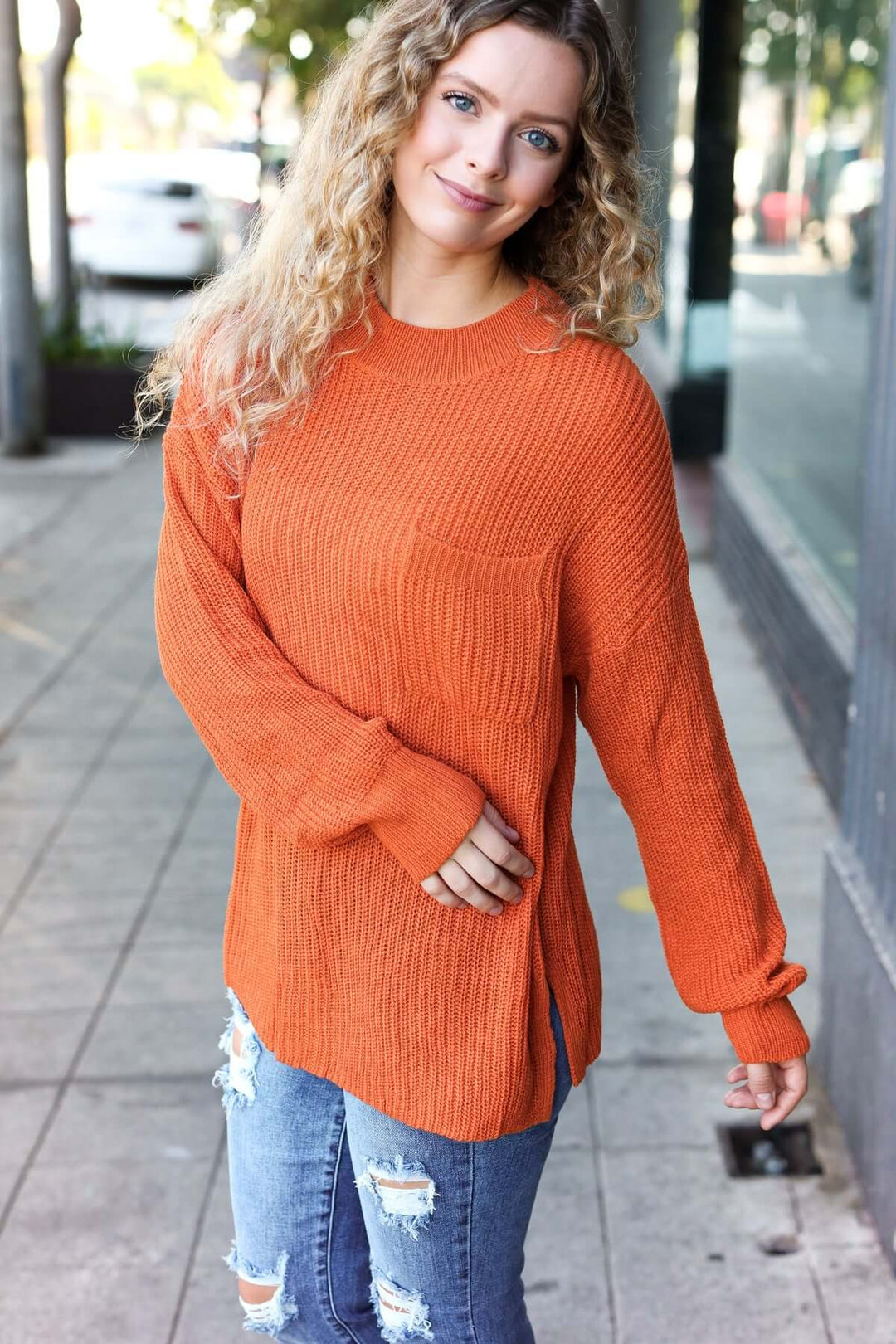 Pumpkin Spice Mock Neck Chest Pocket Knit Sweater - Nikki &amp; Co. Boutique
