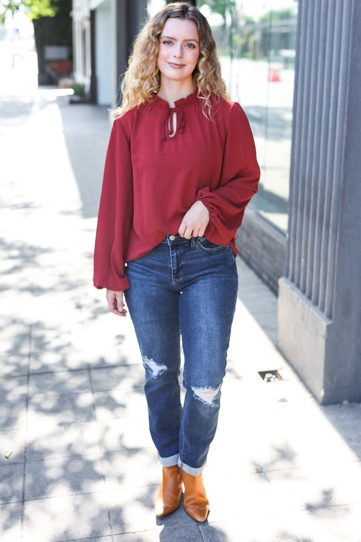 Feeling Femme Off Burgundy Frilled Edge V Neck Tie Tops | Nikki &amp; Co. Boutique