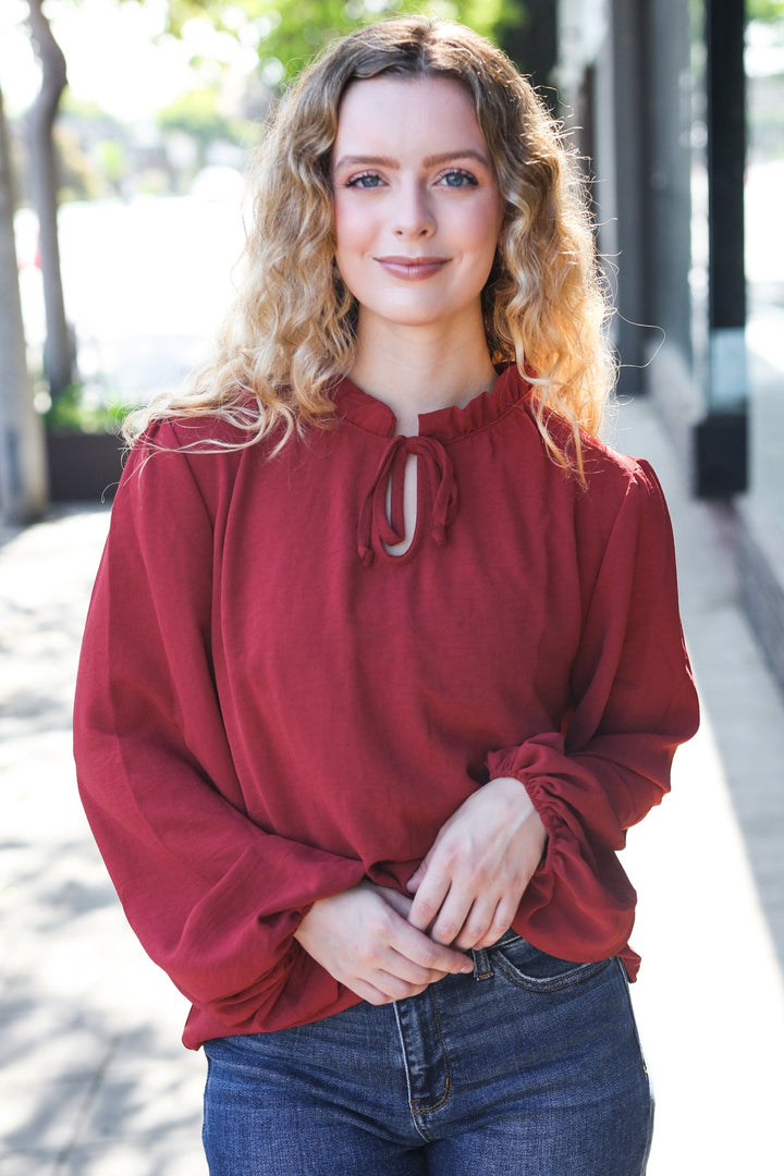 Feeling Femme Off Burgundy Frilled Edge V Neck Tie Tops | Nikki &amp; Co. Boutique