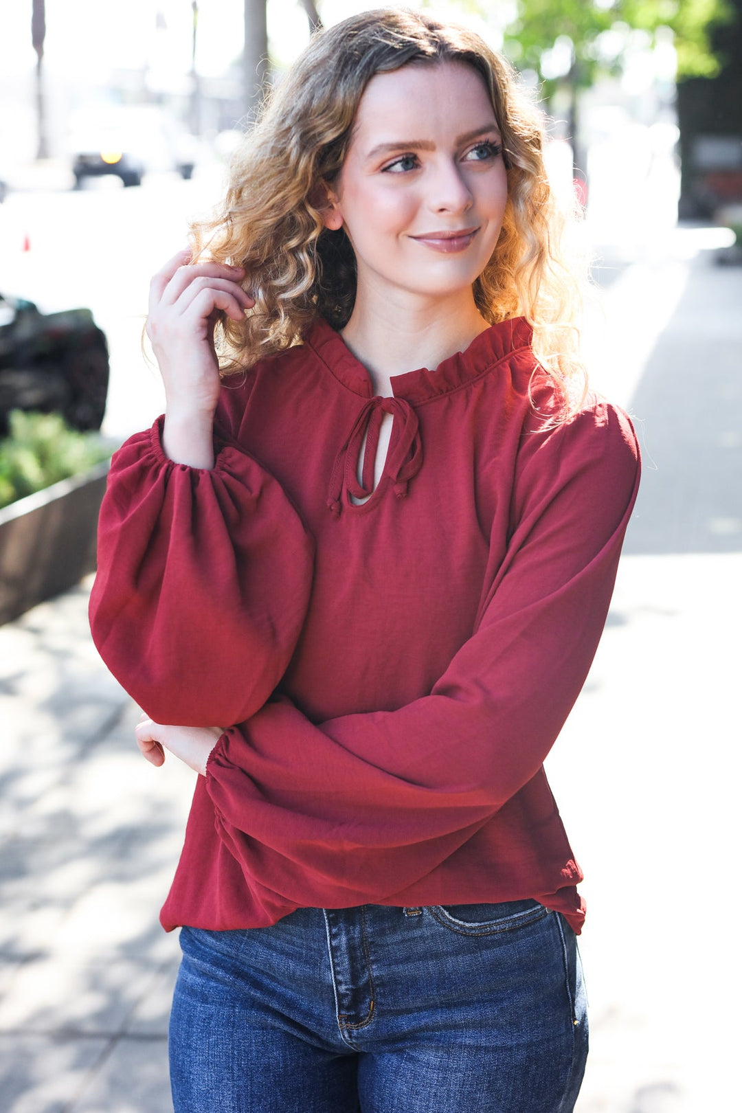 Feeling Femme Off Burgundy Frilled Edge V Neck Tie Tops | Nikki &amp; Co. Boutique
