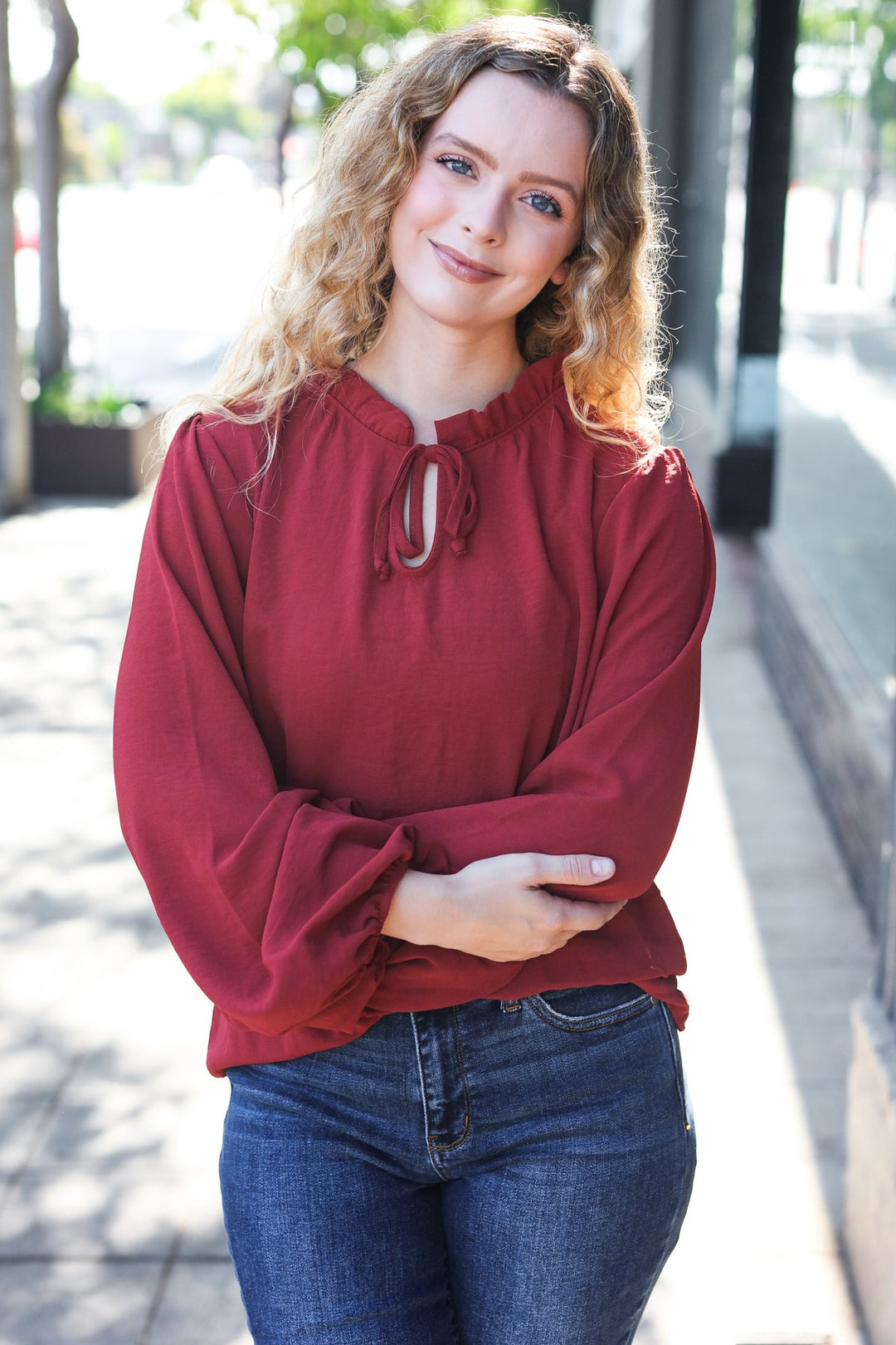 Feeling Femme Off Burgundy Frilled Edge V Neck Tie Tops | Nikki &amp; Co. Boutique