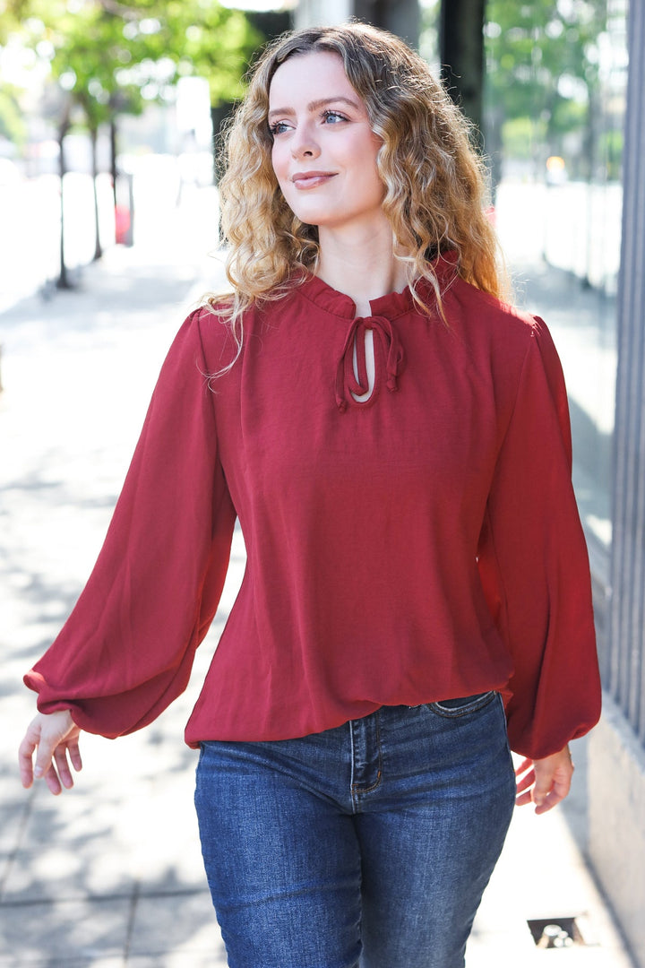 Feeling Femme Off Burgundy Frilled Edge V Neck Tie Tops | Nikki &amp; Co. Boutique
