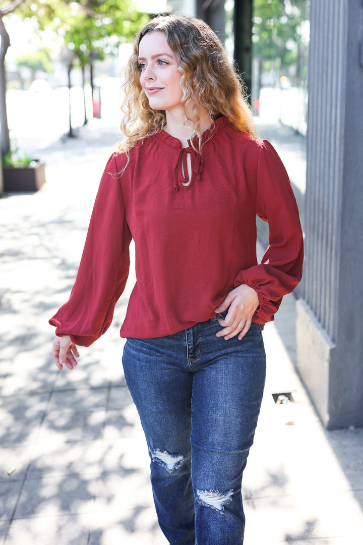 Feeling Femme Off Burgundy Frilled Edge V Neck Tie Tops | Nikki &amp; Co. Boutique