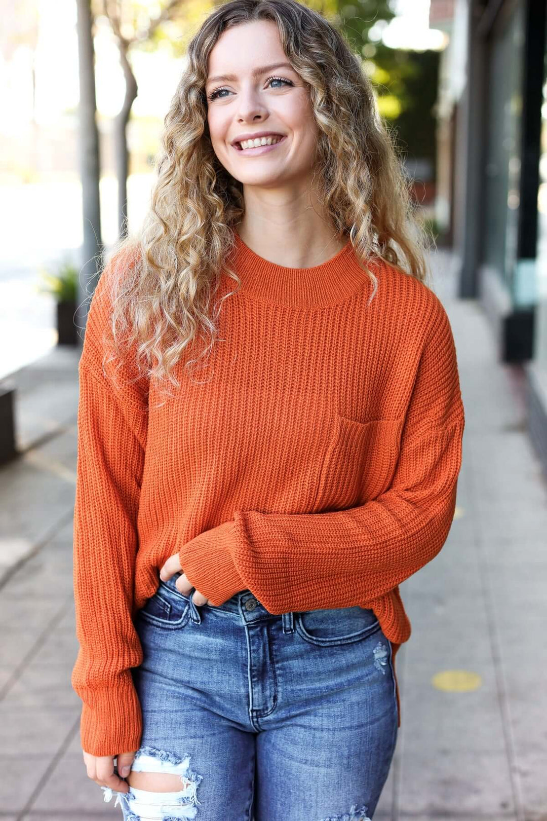 Pumpkin Spice Mock Neck Chest Pocket Knit Sweater - Nikki &amp; Co. Boutique