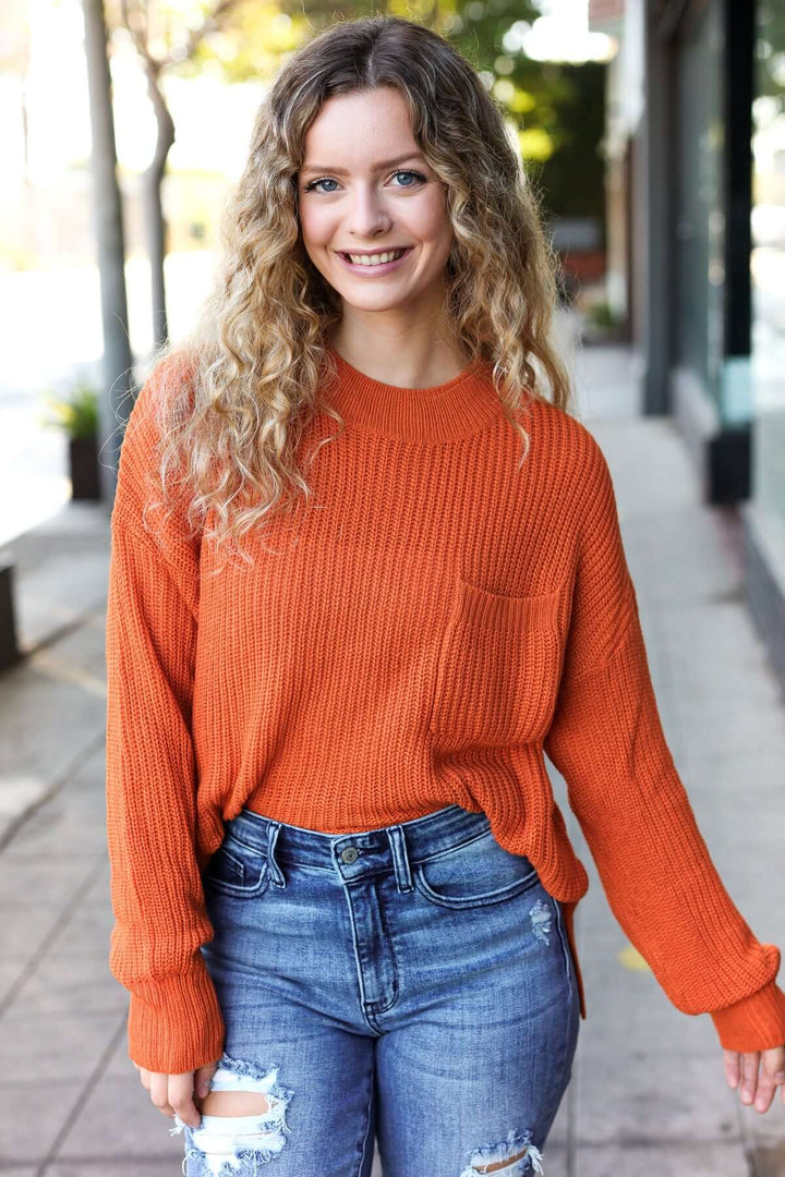 Pumpkin Spice Mock Neck Chest Pocket Knit Sweater - Nikki &amp; Co. Boutique
