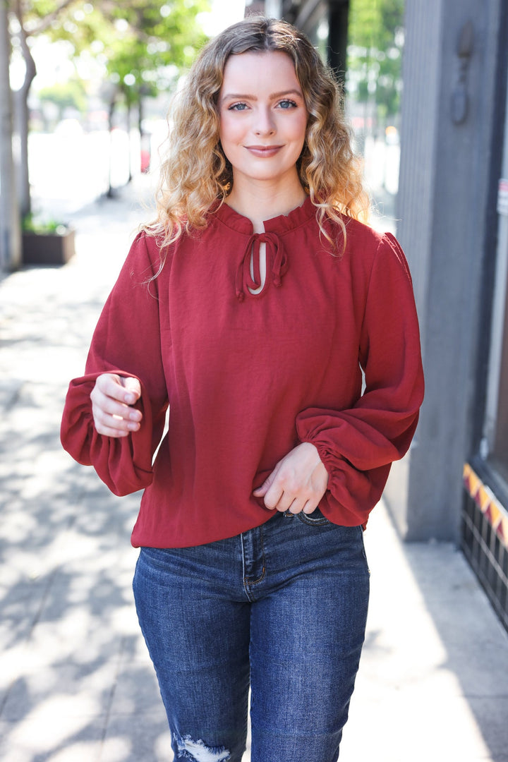 Feeling Femme Off Burgundy Frilled Edge V Neck Tie Tops | Nikki &amp; Co. Boutique