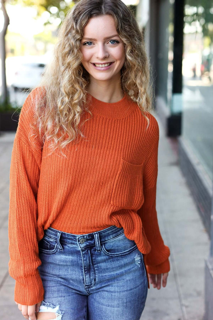 Pumpkin Spice Mock Neck Chest Pocket Knit Sweater - Nikki &amp; Co. Boutique