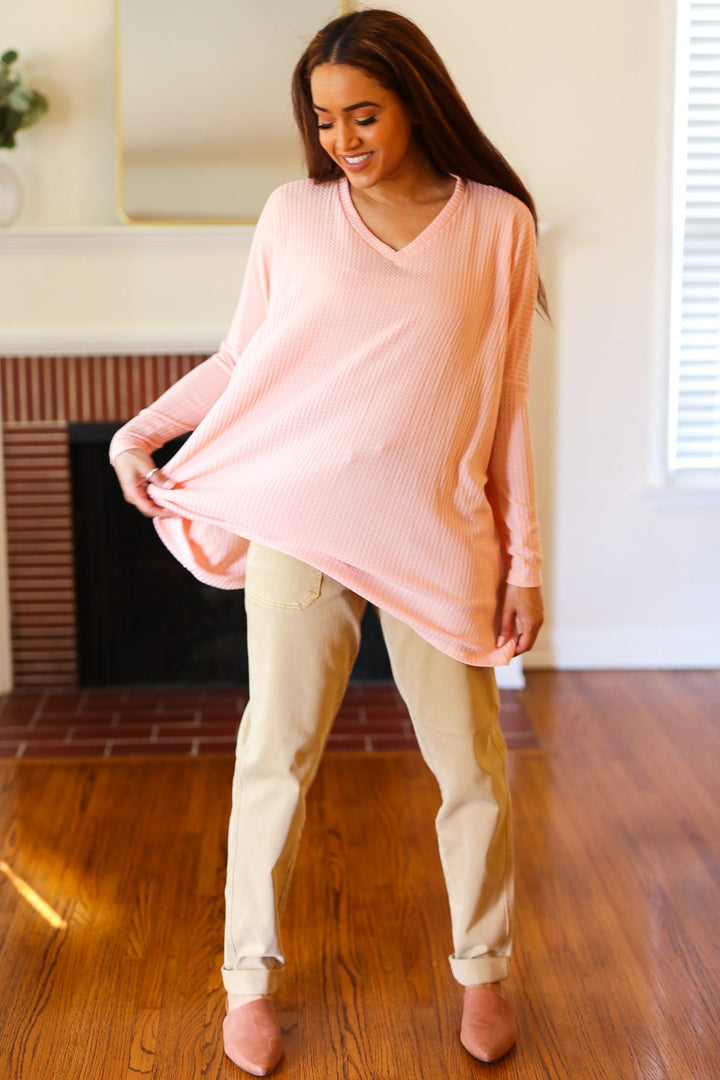 All For Love Peach Waffle Knit V Neck Dolman Top | Nikki &amp; Co. Boutique