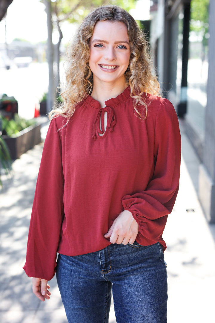 Feeling Femme Off Burgundy Frilled Edge V Neck Tie Tops | Nikki &amp; Co. Boutique