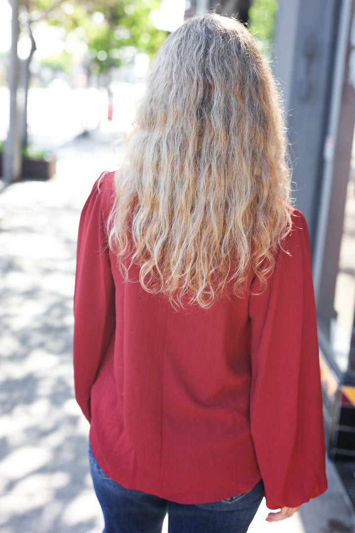 Feeling Femme Off Burgundy Frilled Edge V Neck Tie Tops | Nikki &amp; Co. Boutique