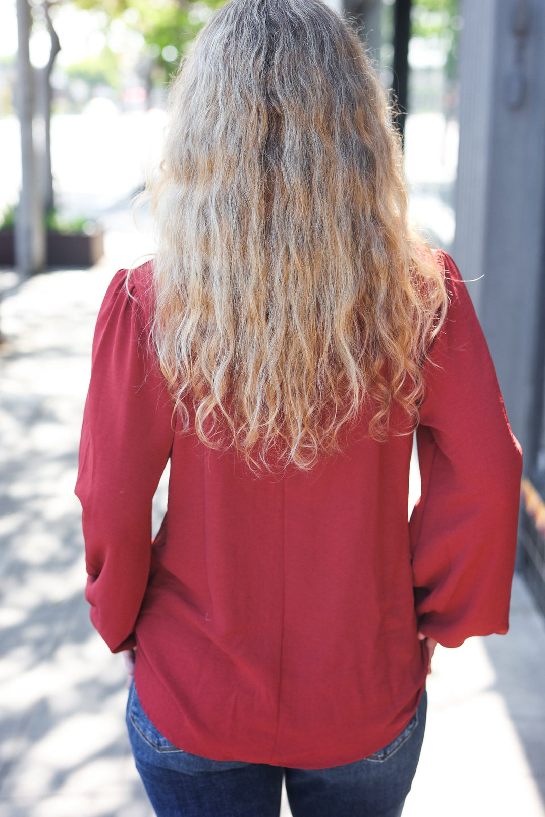 Feeling Femme Off Burgundy Frilled Edge V Neck Tie Tops | Nikki &amp; Co. Boutique