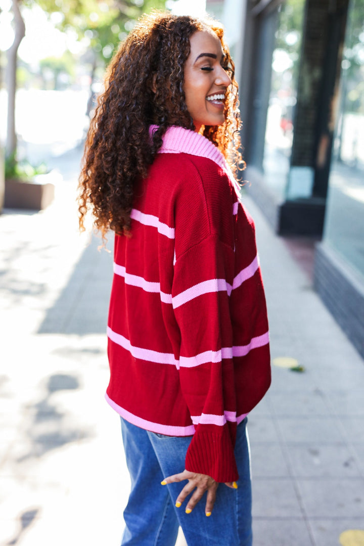 Fall For You Crimson Stripe Notched Neck Collared Oversized Sweater | Nikki &amp; Co. Boutique
