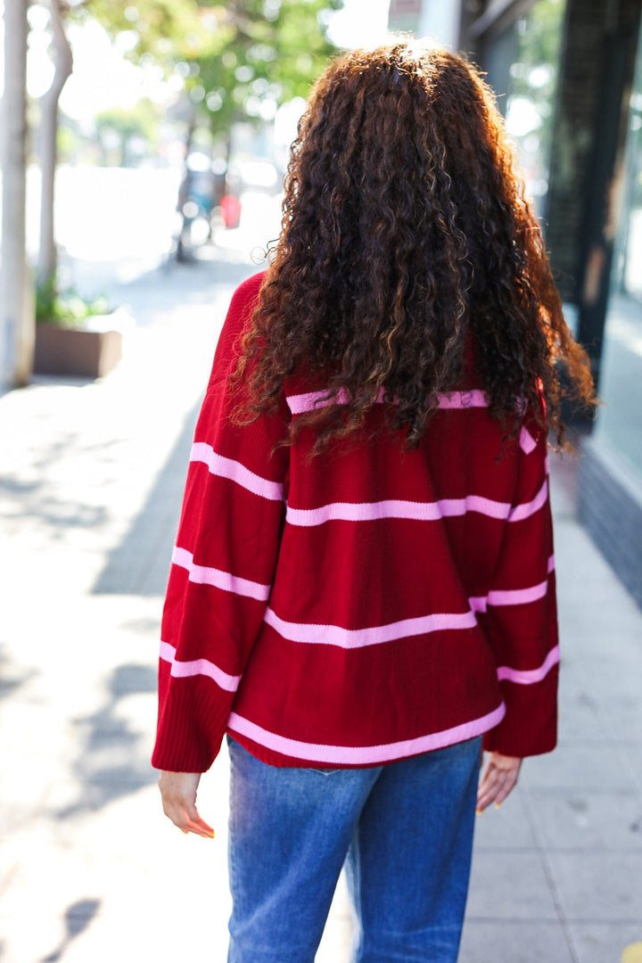 Fall For You Crimson Stripe Notched Neck Collared Oversized Sweater | Nikki &amp; Co. Boutique
