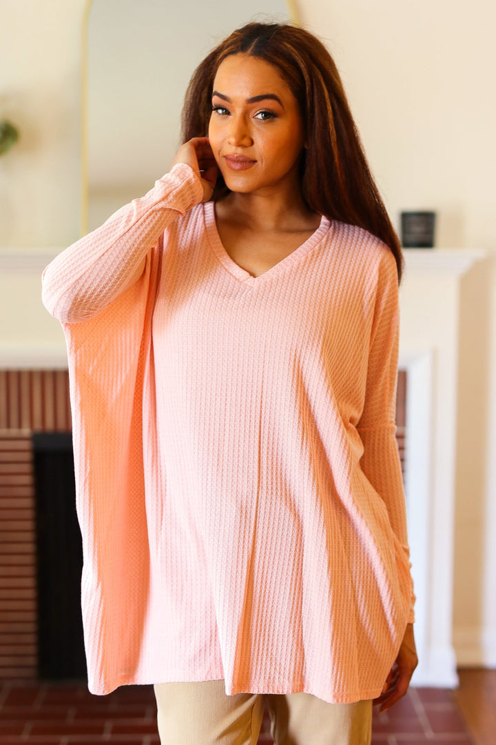 All For Love Peach Waffle Knit V Neck Dolman Top | Nikki &amp; Co. Boutique