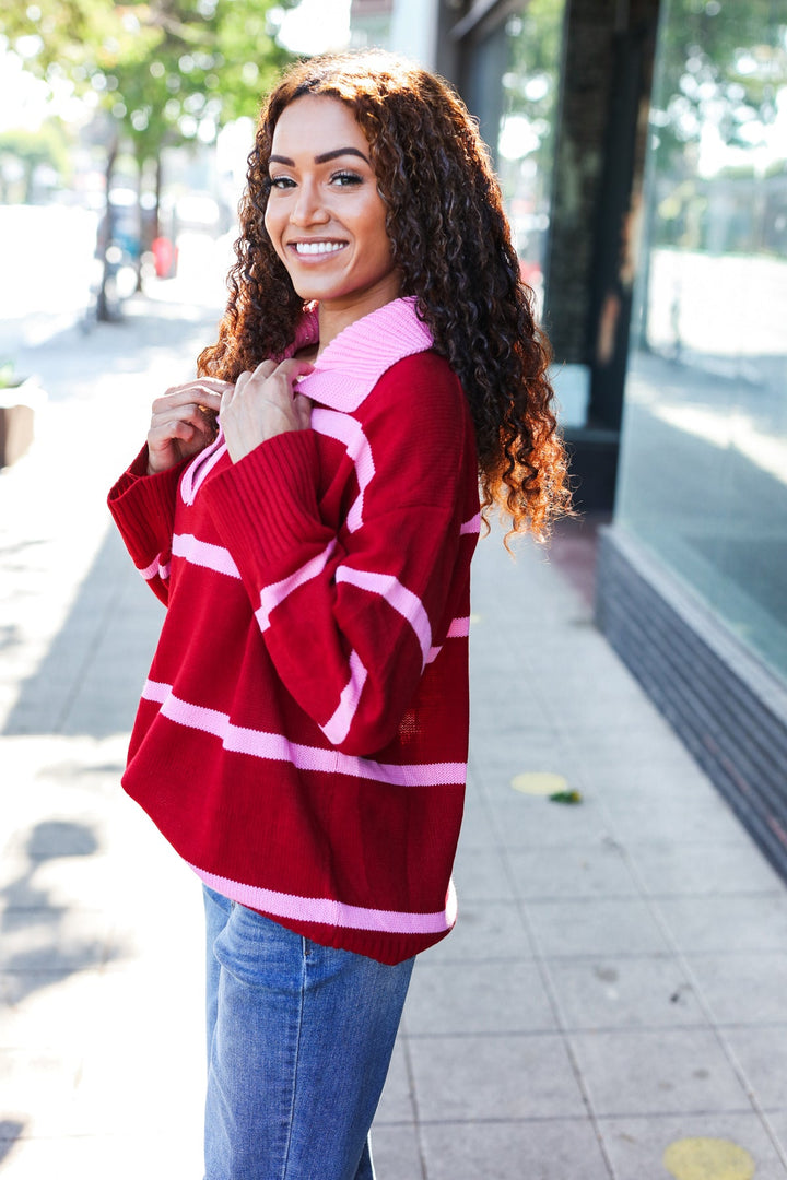 Fall For You Crimson Stripe Notched Neck Collared Oversized Sweater | Nikki &amp; Co. Boutique