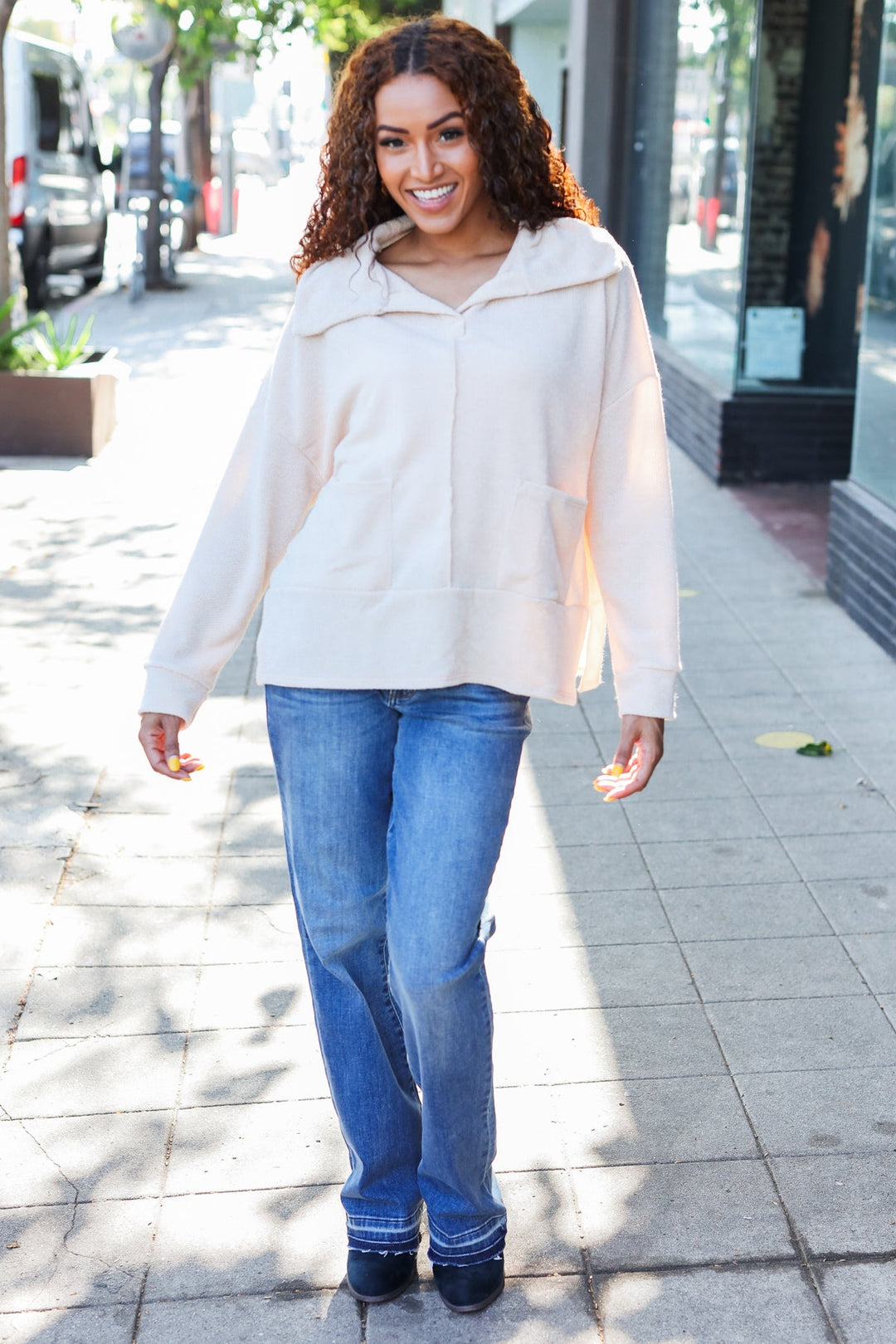 Easy Living Oatmeal Textured Knit Notch Neck Oversized Collar Sweater | Nikki &amp; Co. Boutique