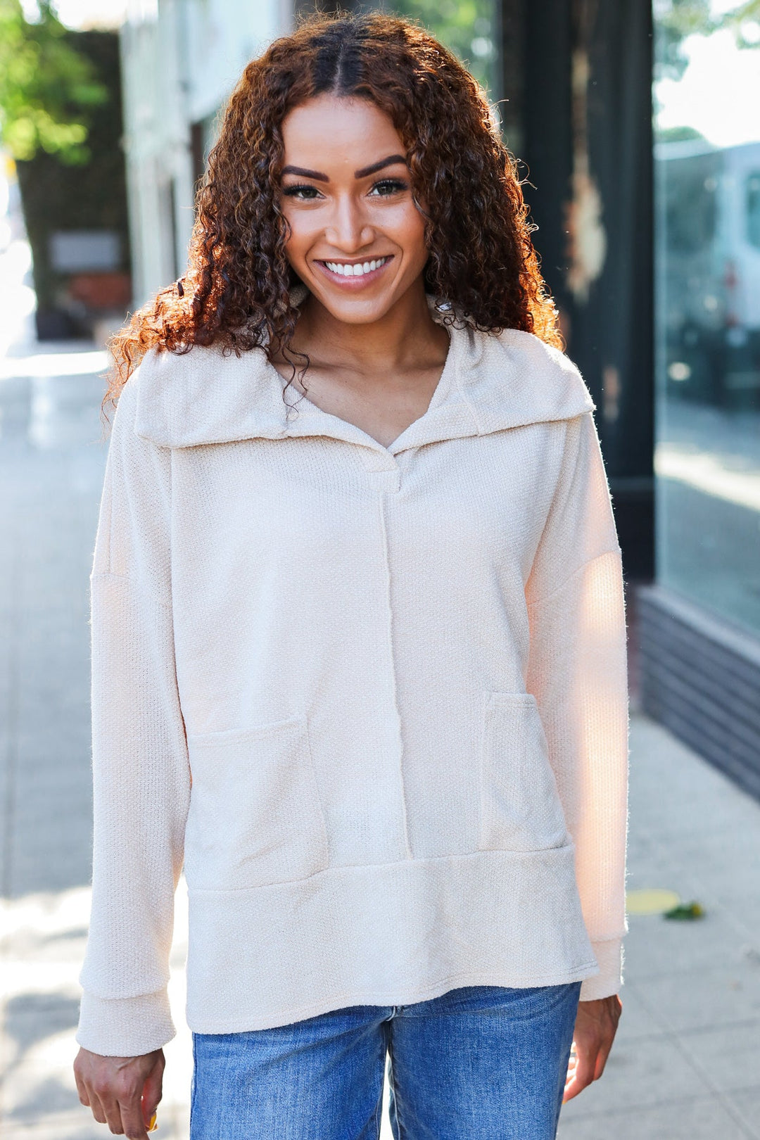 Easy Living Oatmeal Textured Knit Notch Neck Oversized Collar Sweater | Nikki &amp; Co. Boutique