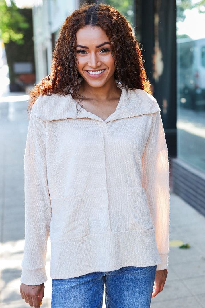 Easy Living Oatmeal Textured Knit Notch Neck Oversized Collar Sweater | Nikki &amp; Co. Boutique