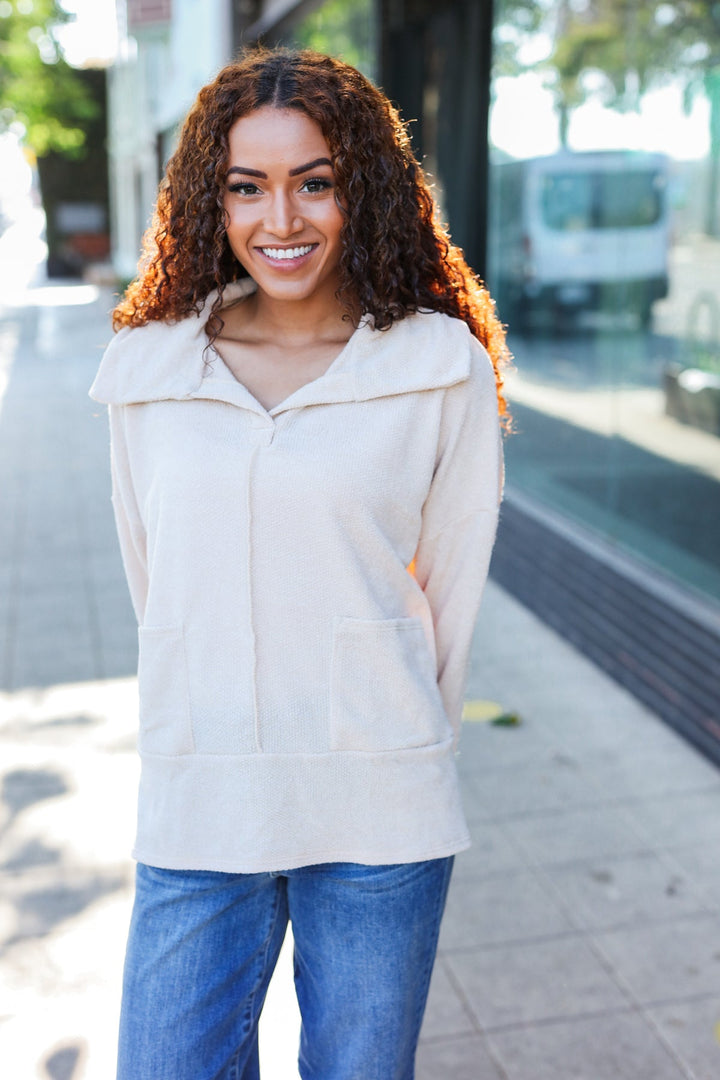 Easy Living Oatmeal Textured Knit Notch Neck Oversized Collar Sweater | Nikki &amp; Co. Boutique
