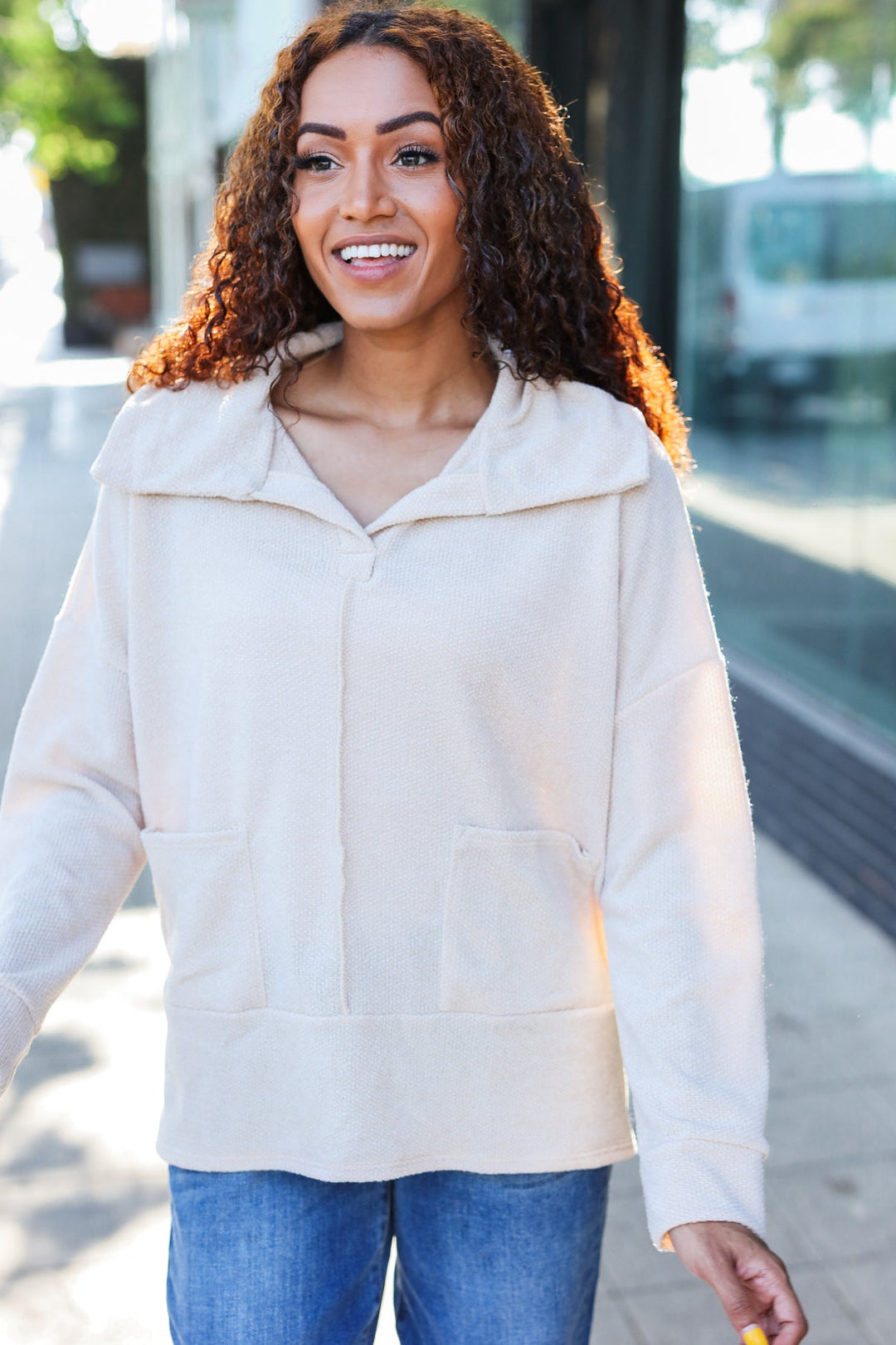 Easy Living Oatmeal Textured Knit Notch Neck Oversized Collar Sweater | Nikki &amp; Co. Boutique