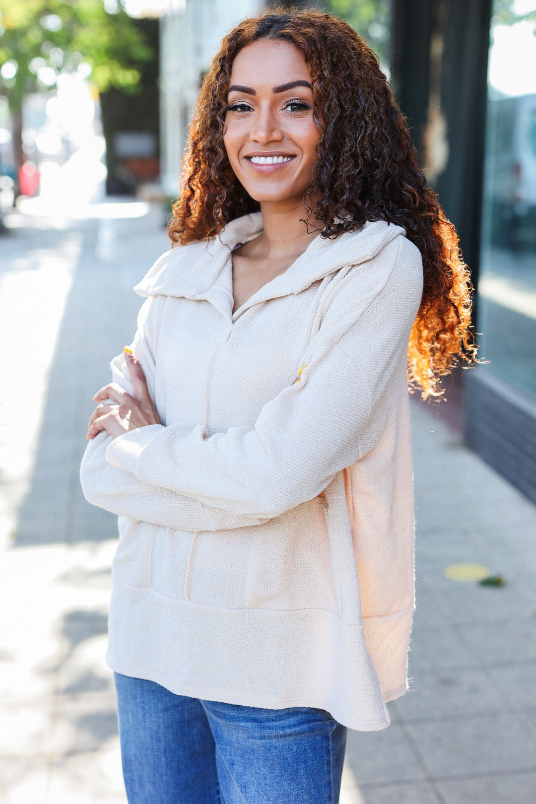 Easy Living Oatmeal Textured Knit Notch Neck Oversized Collar Sweater | Nikki &amp; Co. Boutique