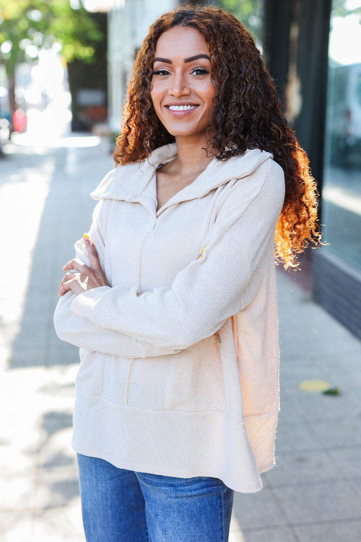Easy Living Oatmeal Textured Knit Notch Neck Oversized Collar Sweater | Nikki &amp; Co. Boutique