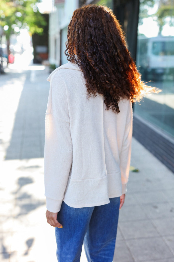 Easy Living Oatmeal Textured Knit Notch Neck Oversized Collar Sweater | Nikki &amp; Co. Boutique