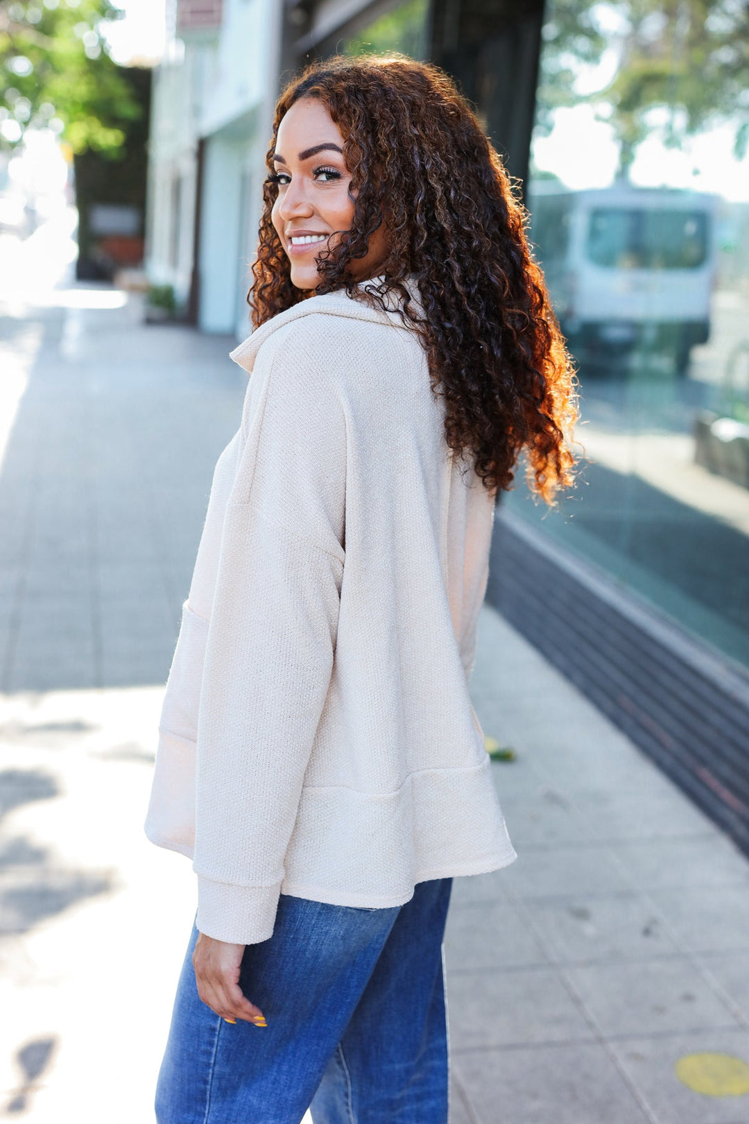Easy Living Oatmeal Textured Knit Notch Neck Oversized Collar Sweater | Nikki &amp; Co. Boutique