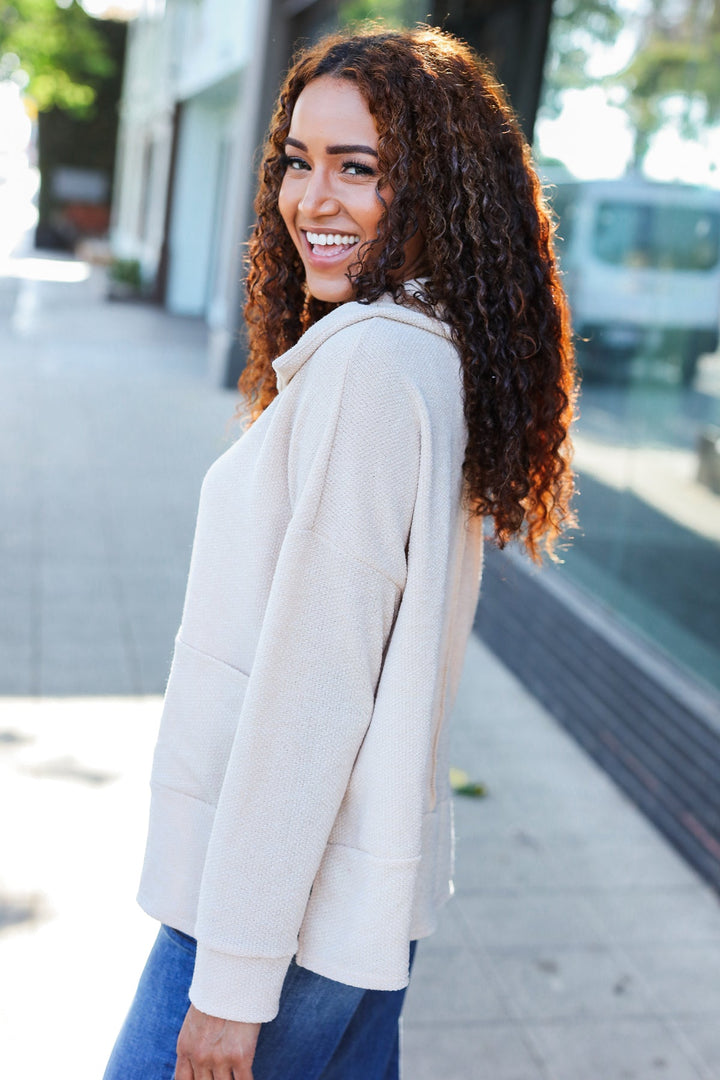 Easy Living Oatmeal Textured Knit Notch Neck Oversized Collar Sweater | Nikki &amp; Co. Boutique