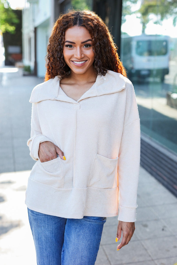 Easy Living Oatmeal Textured Knit Notch Neck Oversized Collar Sweater | Nikki &amp; Co. Boutique