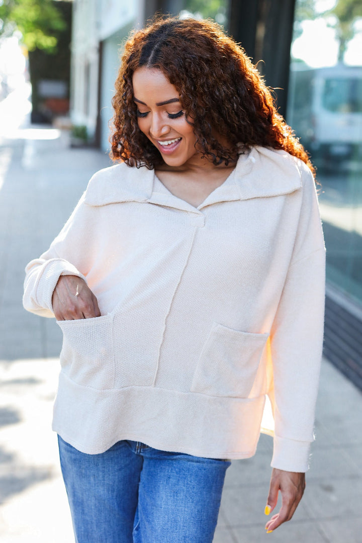 Easy Living Oatmeal Textured Knit Notch Neck Oversized Collar Sweater | Nikki &amp; Co. Boutique