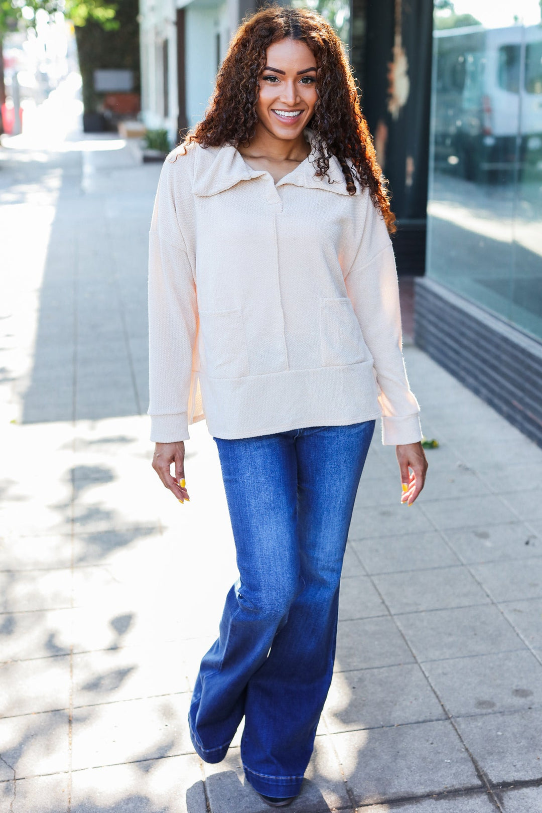 Easy Living Oatmeal Textured Knit Notch Neck Oversized Collar Sweater | Nikki &amp; Co. Boutique